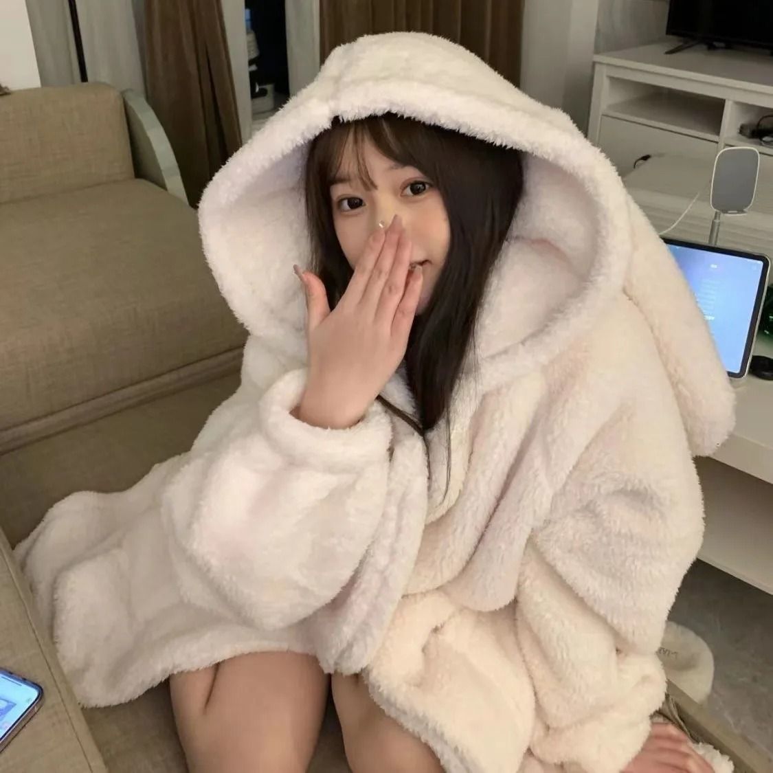 Autumn and Winter Ladies Warm Rabbit Ear Pajamas – Cartoon New Robe & Ins Girls Student Homewear