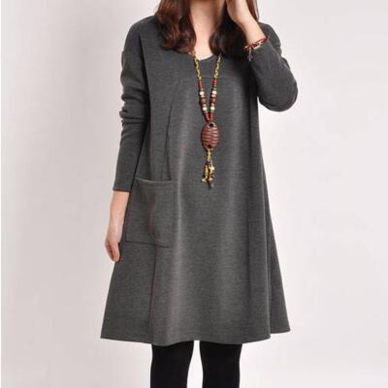 Plus Size Womens Warm Casual V Neck Loose Leggings Dress Solid Color Comfort Fit
