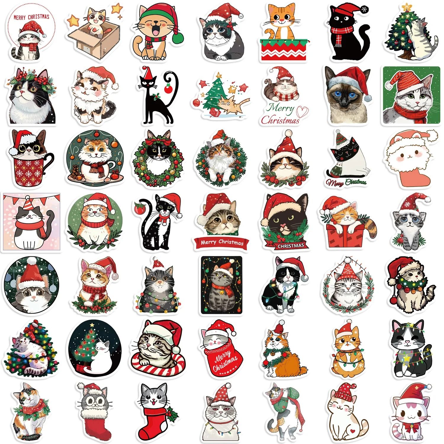 50-Piece Kawaii Cartoon Christmas Cat Aesthetic Sticker Pack