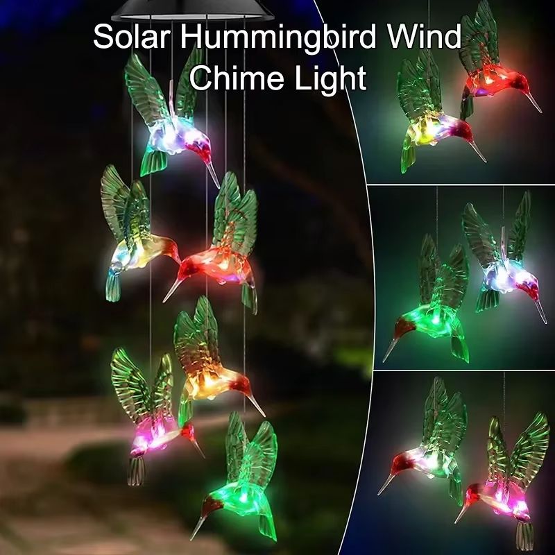 Solar Hummingbird Wind Chime LED Color Changing Garden Hanging Light Decor