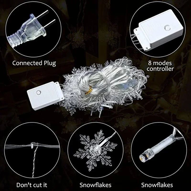 Christmas Snowflake LED Curtain String Lights – Flashing Holiday Fairy Garland