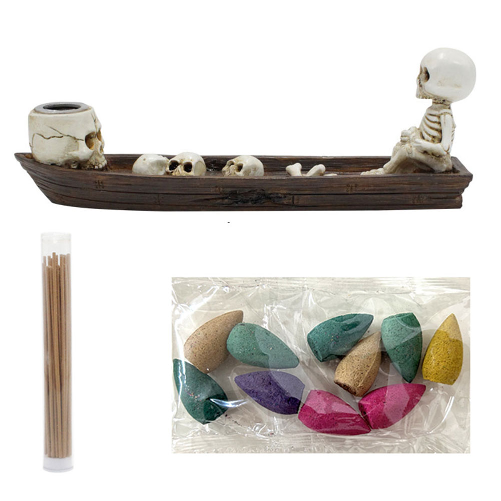 Skull Boat Incense Holder Ghost Fishing Boat Incense Burner, Creative Skeleton Statue for Study Room Meditation