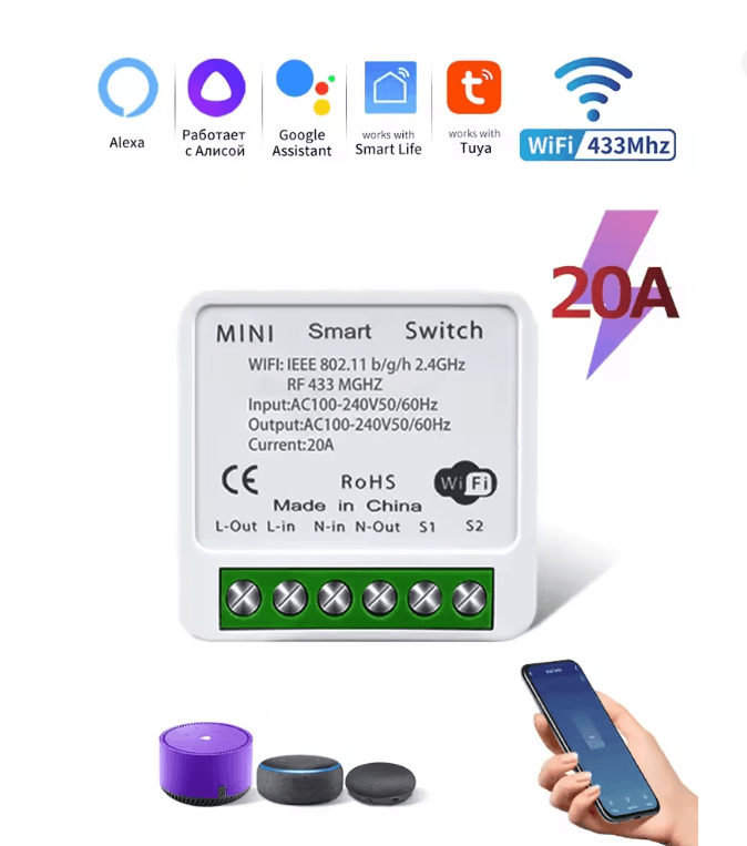 PowerSync 20A Tuya WiFi Smart Switch with RF Control and Voice Integration