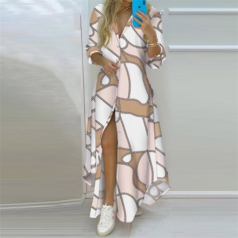 Summer Women Boho Printed Maxi Dresses Turn-down Collar Long Sleeve Casual Split Shirt Elegant Dress Evening Dresses
