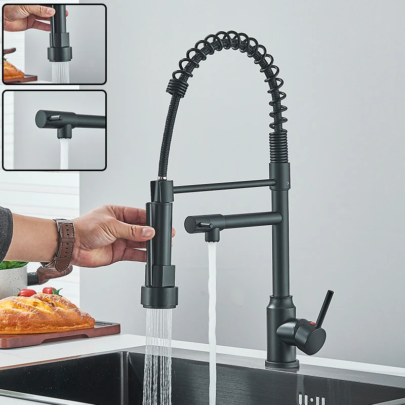 Black Kitchen Sink Faucet Pull Down, Hot and Cold Water Mixer, 2 Mode Tap with Dual Spout, Rotation Flexible Deck