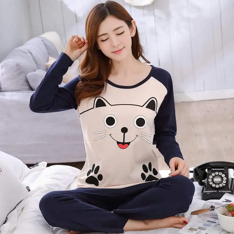 Women Autumn Thin Pyjamas Set, Round Neck Bear Pajamas, Teacup Cat Full Sleepwear Tops, Lovers Pajama Mujer