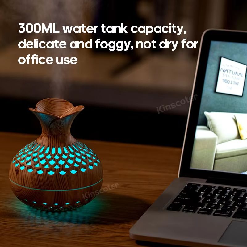 Wood Grain USB Humidifier – 300ml Ultrasonic Aroma Diffuser and Cool Mist Air Freshener for Home or Office