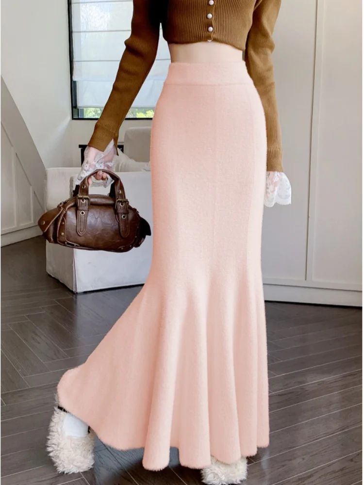 Women's High Waist Knitted Mermaid Maxi Skirt – Thick Mohair Fishtail Winter Skirt
