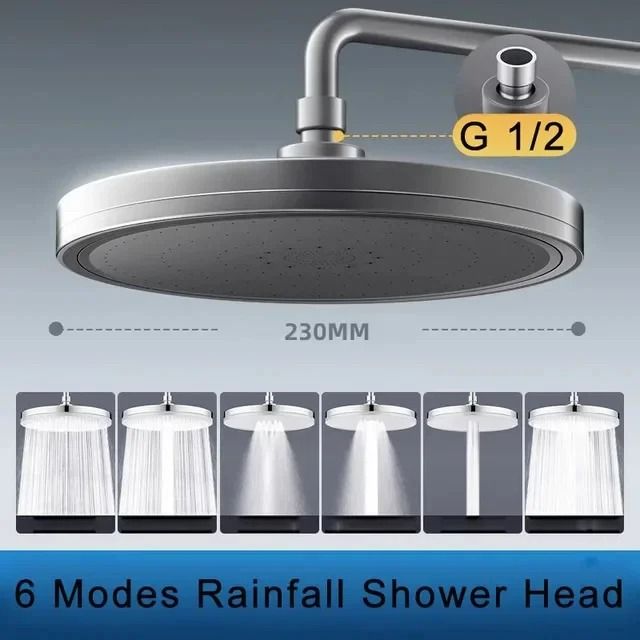 230mm High Pressure Rainfall Shower Head 6 Mode Large Panel