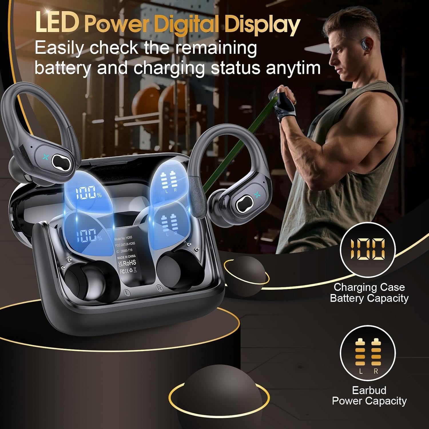 Wireless Bluetooth Earbuds with LED Display Noise Cancelling Waterproof Headphones