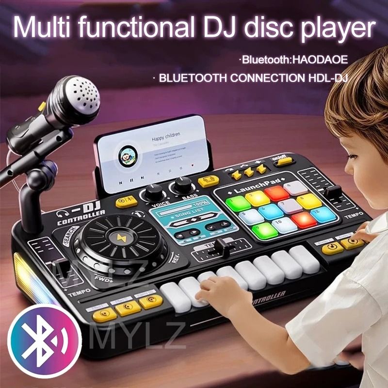 Kids DJ Mixer Keyboard with Microphone Bluetooth DJ Turntable Piano Set