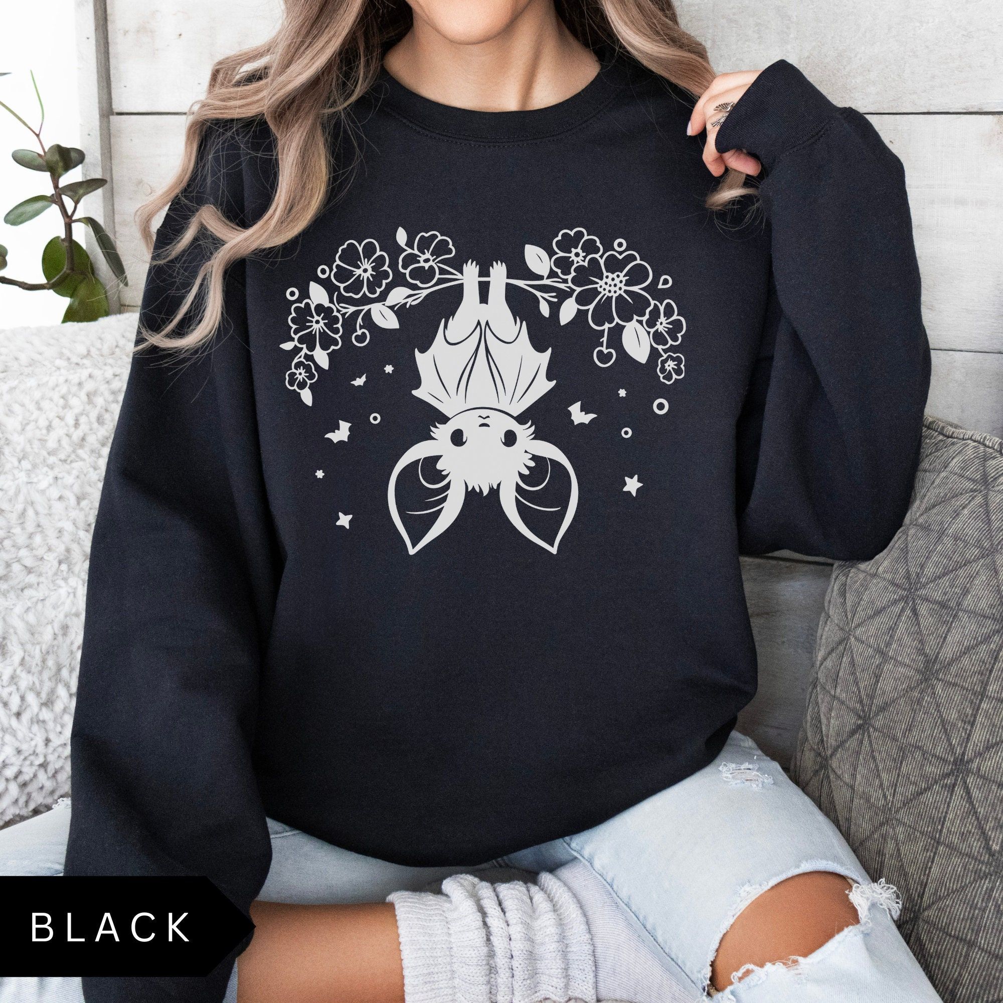 Bat Sweatshirt, Cute Upside Down Bat Shirt, Floral Bat Sweatshirt, Women's Halloween Sweatshirt, Trendy Halloween Aesthe