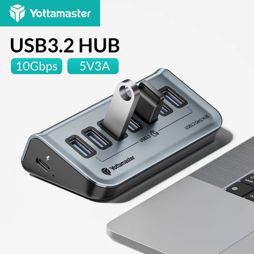 Yottamaster 7-Port USB-C 3.2 Hub – Powered 10Gbps USB Data Hub with 5V/3A Adapter