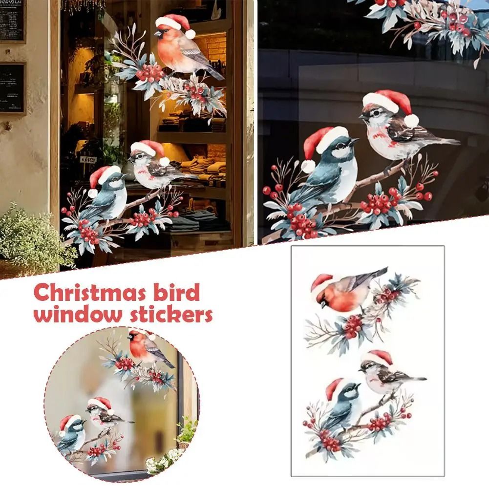 Christmas Bird and Tree Branch Window Static Stickers Set