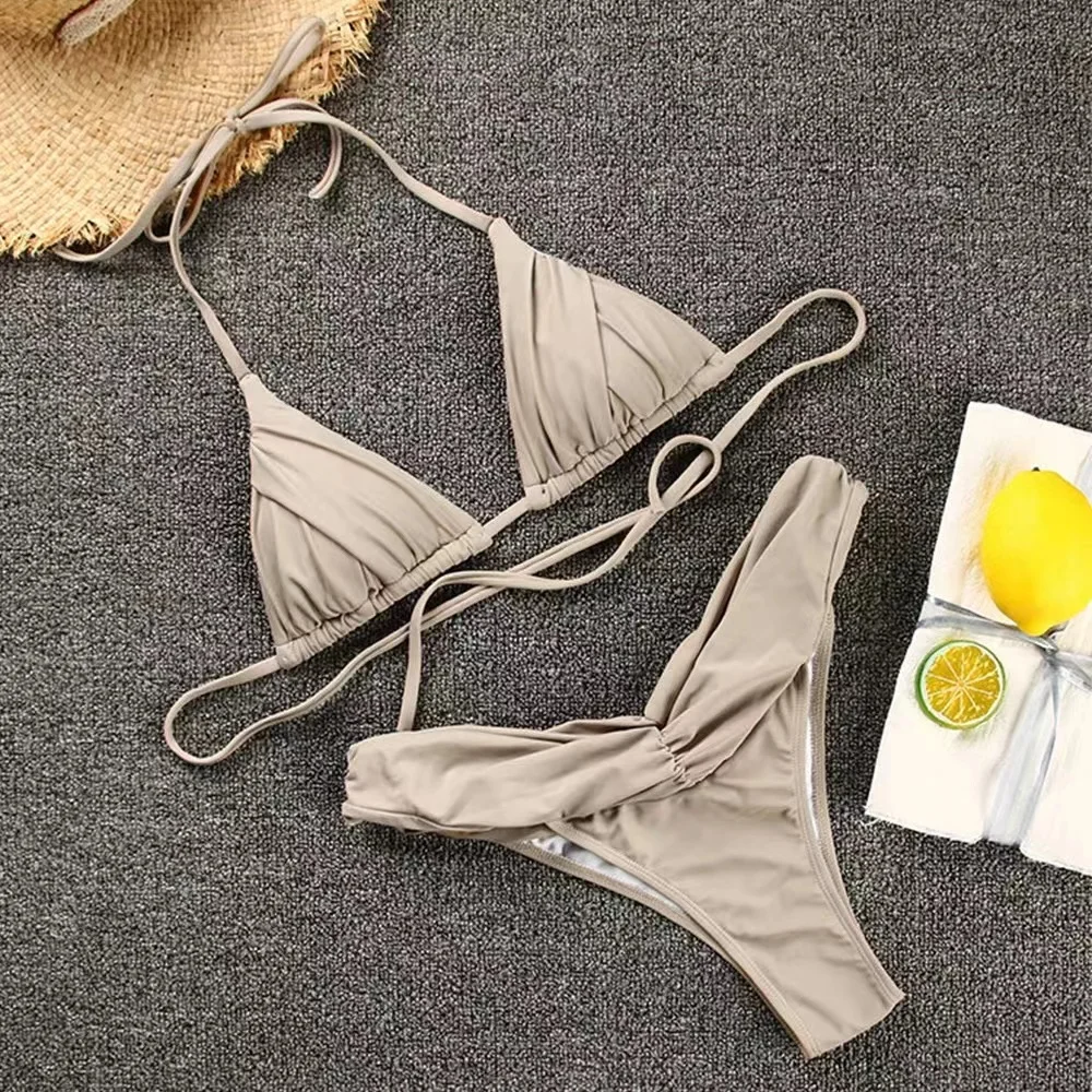 High Waist Halter Brazilian Bikini Set with Pleated Triangle Top