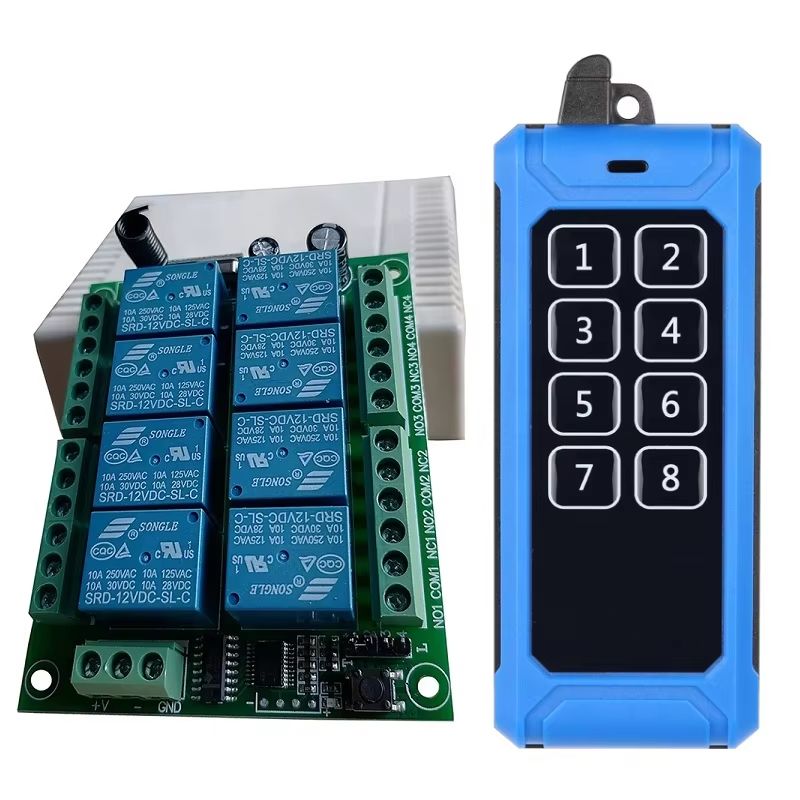 433MHz 8-Channel RF Wireless Remote Control Switch – DC 12V/24V Relay Receiver with Industrial Transmitter