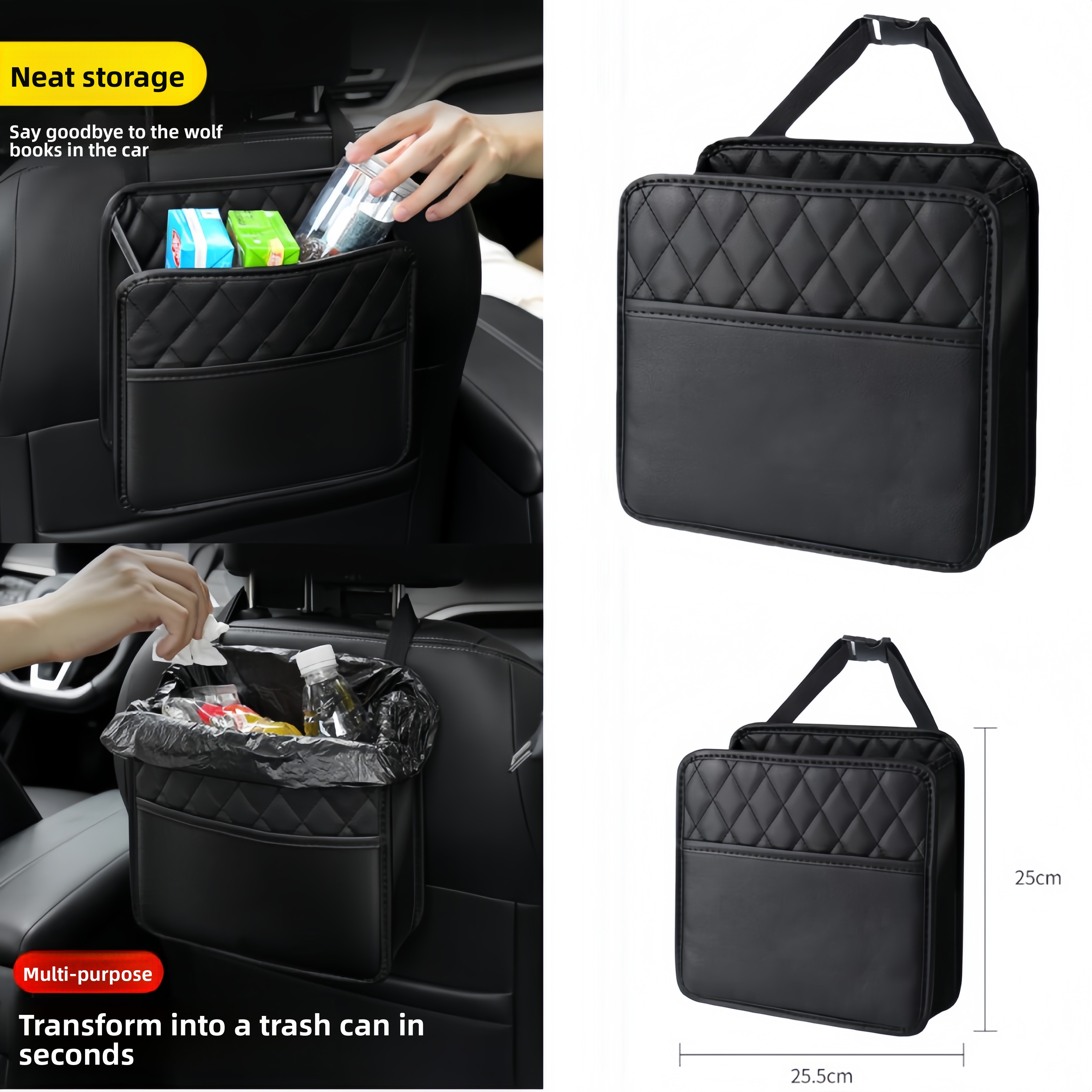 PU Leather Car Seat Organizer, Universal Storage Bag, Waterproof Multi-Pocket Back Seat Holder with Cup, Tissue