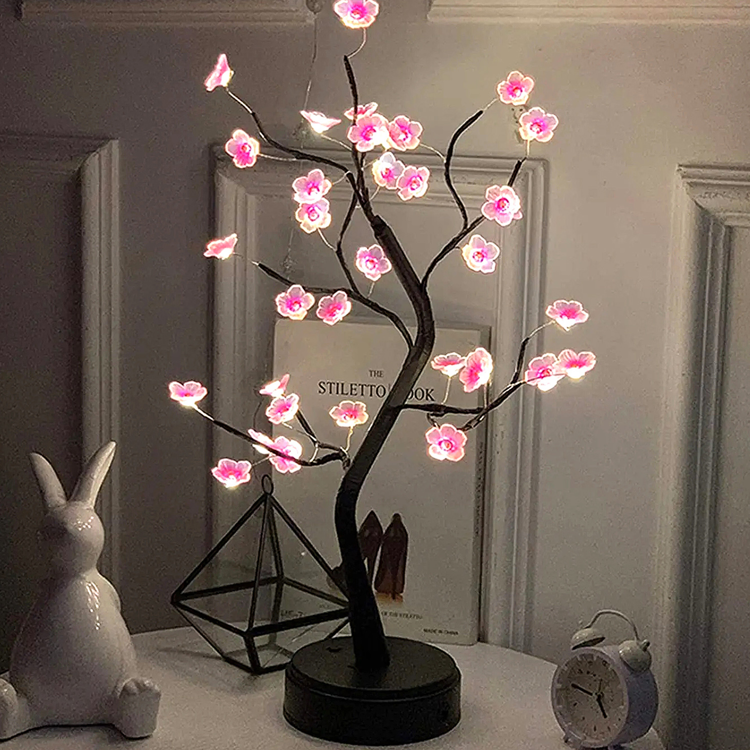 Touch Switch Artificial Bonsai Cherry Blossom Tree, LED Lamp Decoration for Desk