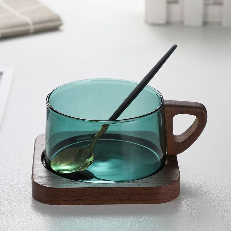 Glass American Latte Coffee Cup with Wooden Tray