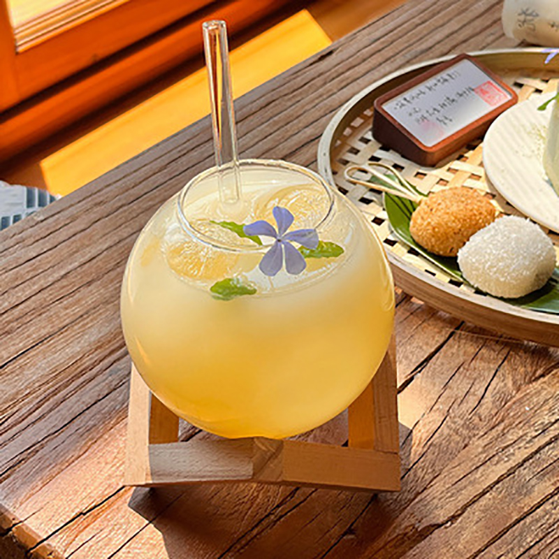 Round Ball Cocktail Mug with Wood Stand Fruit Moon Juice Tumbler