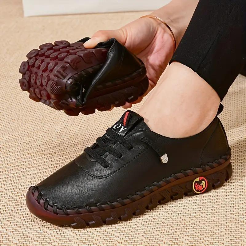 Women's Handmade Flat Sneakers - Solid Color Lace Up Round Toe Faux Leather Shoes - Casual Walking Shoes