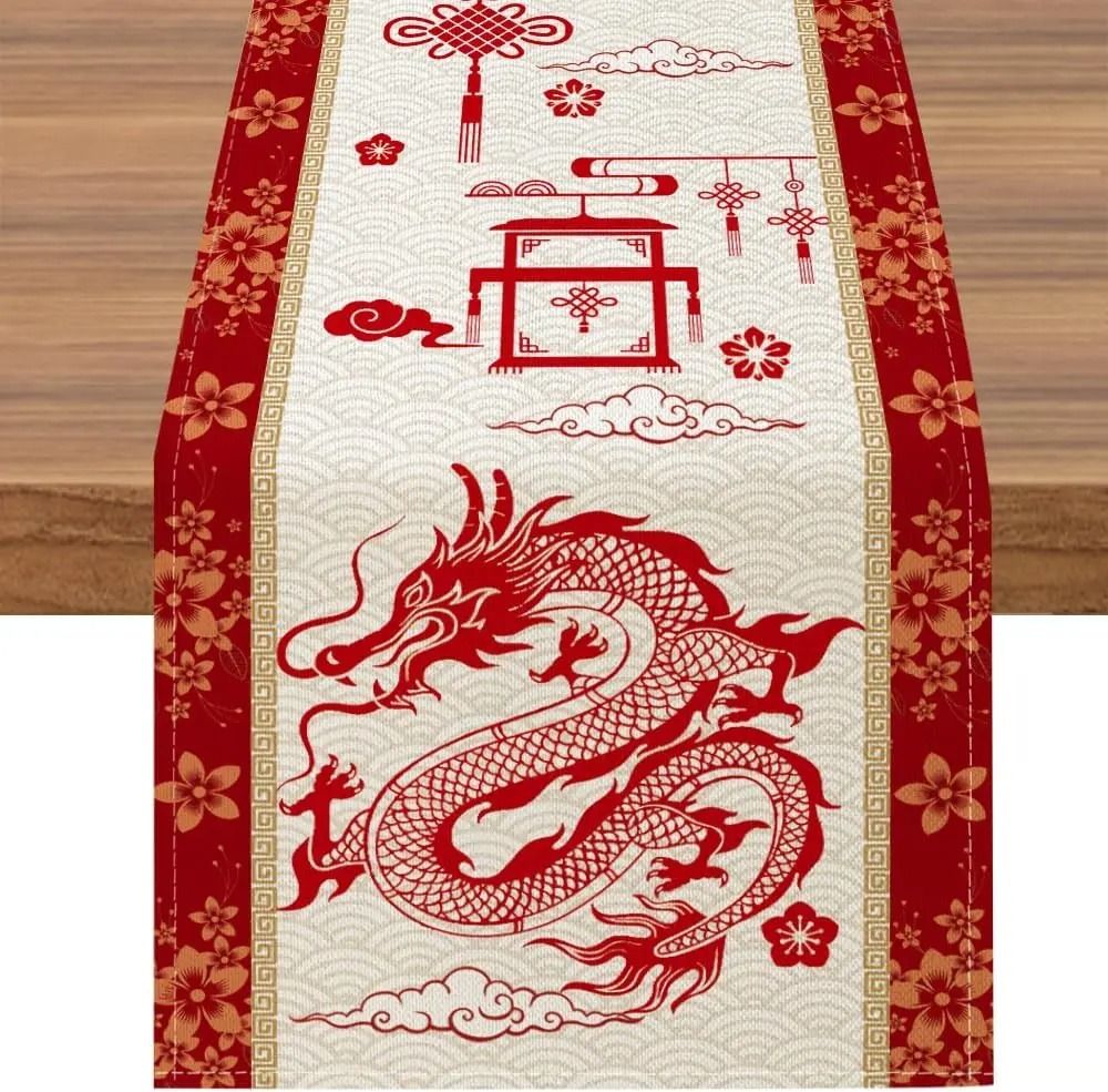 Chinese New Year Dragon Linen Table Runner Spring Festival Dining Decor