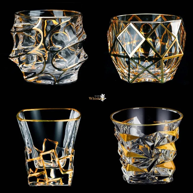 Gold Line Wine Whisky Glasses, Whiskey Glass Tumblers, Golden Painted Crystal Barware Cocktail Drinkware