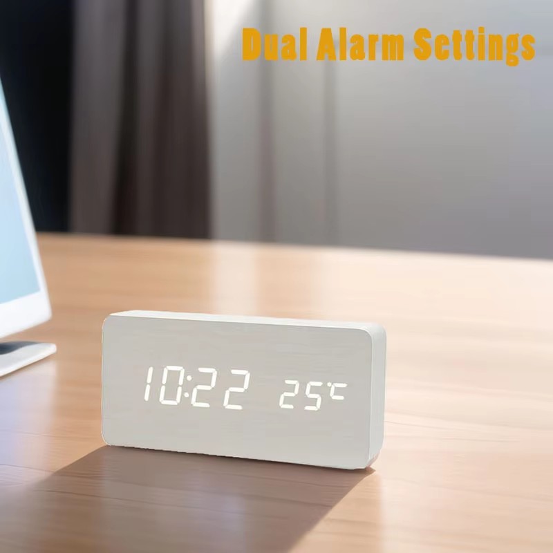 Wooden LED Digital Alarm Clock with Temperature Display for Bedroom & Office Decor