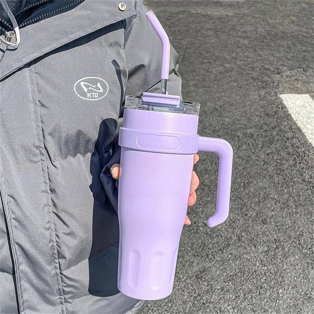 38.55oz Stainless Steel Insulated Ice Tumbler With Handle and Straw High Capacity Car Insulation Coffee Cup