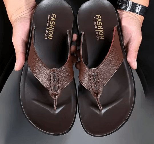 Genuine Leather Mens Flip Flops Soft Sole Summer Beach Sandals