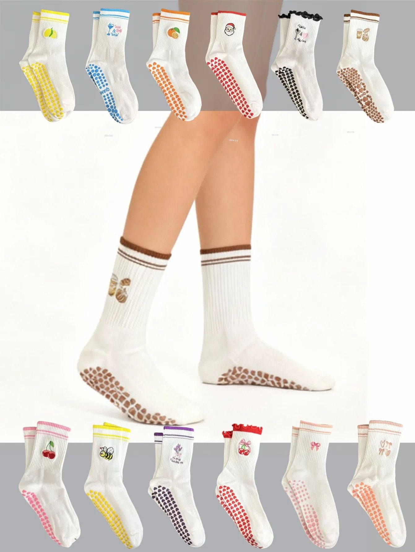 Womens Knitted Embroidered Non-Slip Yoga Socks EU 36–43 – Silicone Grip Pilates & Fitness Mid-Calf Socks