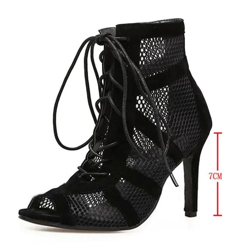 Black Lace Up Open Toe Stiletto Dance Sandals for Women