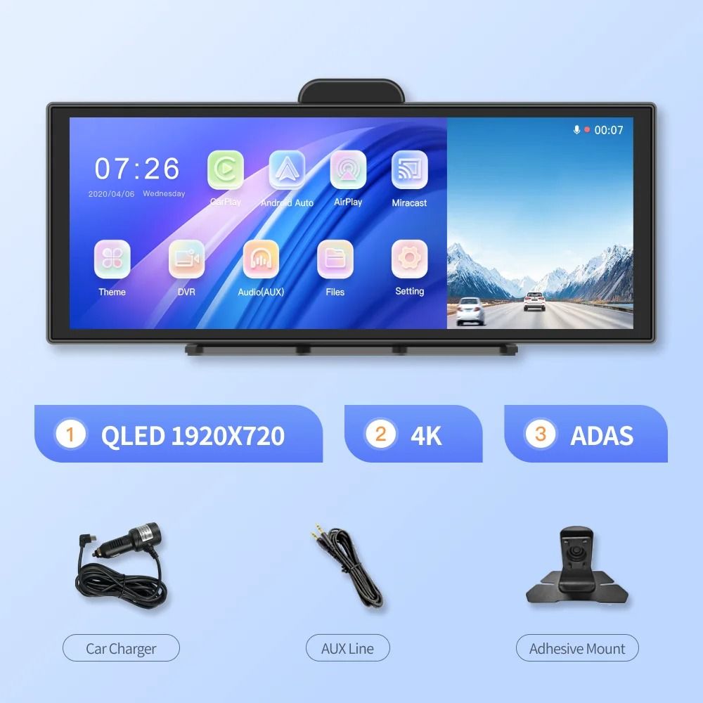 11.4 inch 4K Dash Cam with Wireless CarPlay and Android Auto