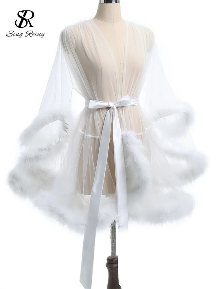 Sheer Erotic Mesh Robe – Elegant Plush-Trimmed Nightgown