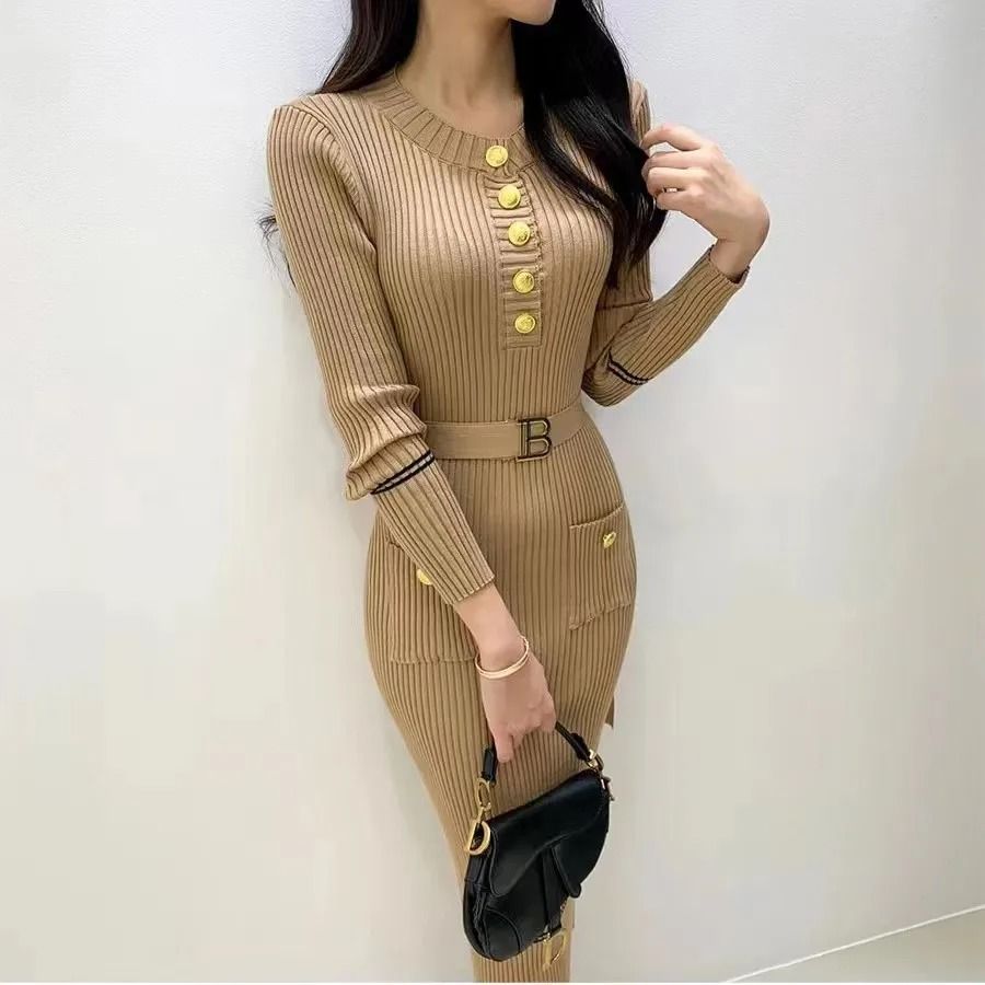 French Style Celebrity Temperament Round Collar Slim Bottom Wrap Hip Autumn Winter Dress