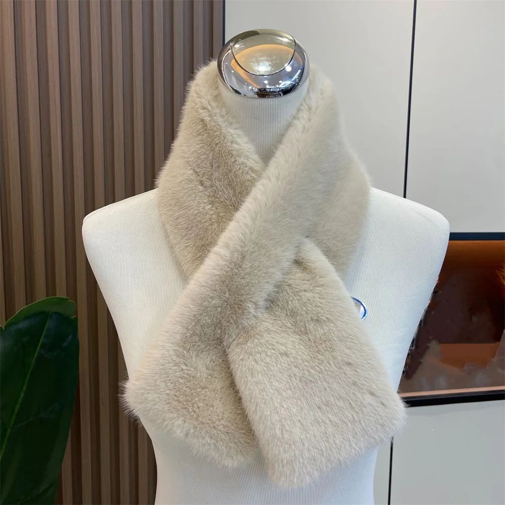 Luxury Faux Rabbit Fur Cross Collar Scarf – Women's Thick Winter Furry Neck Warmer