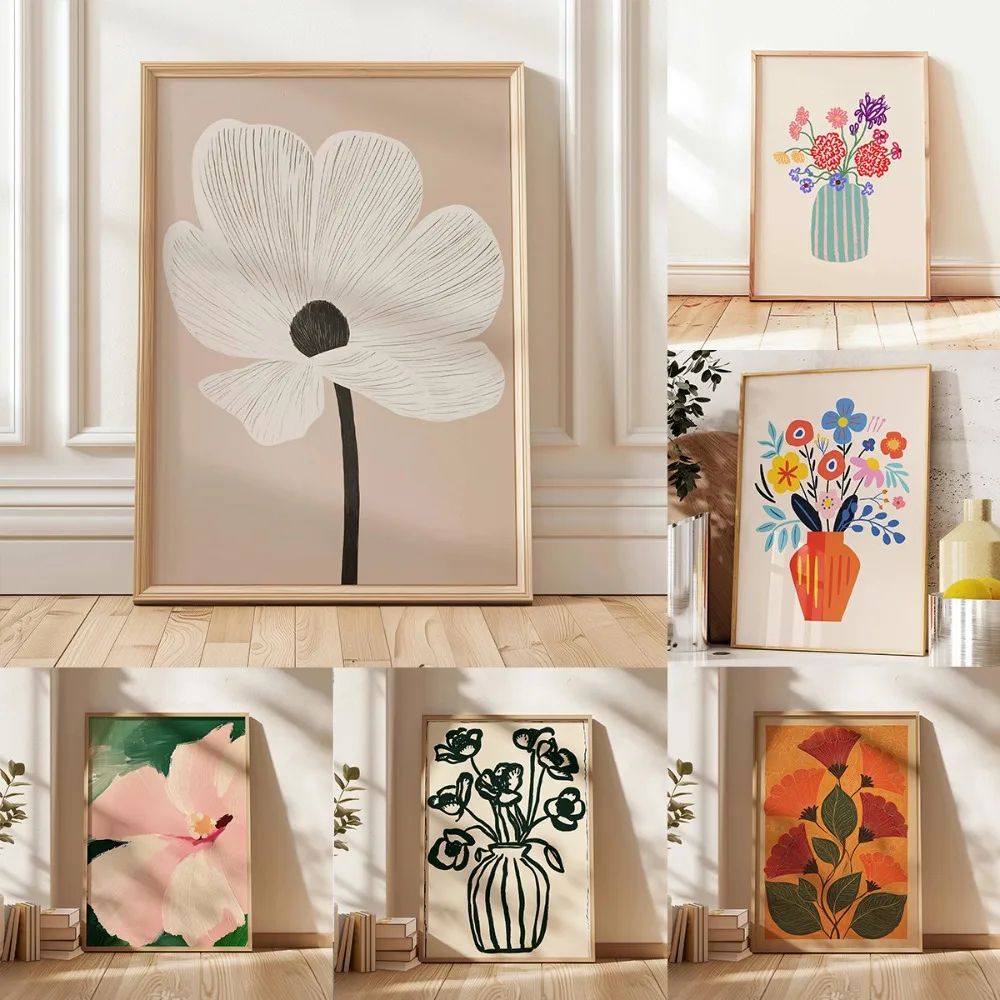 Beige Floral Line Wall Art Minimalist Botanical Canvas Decor