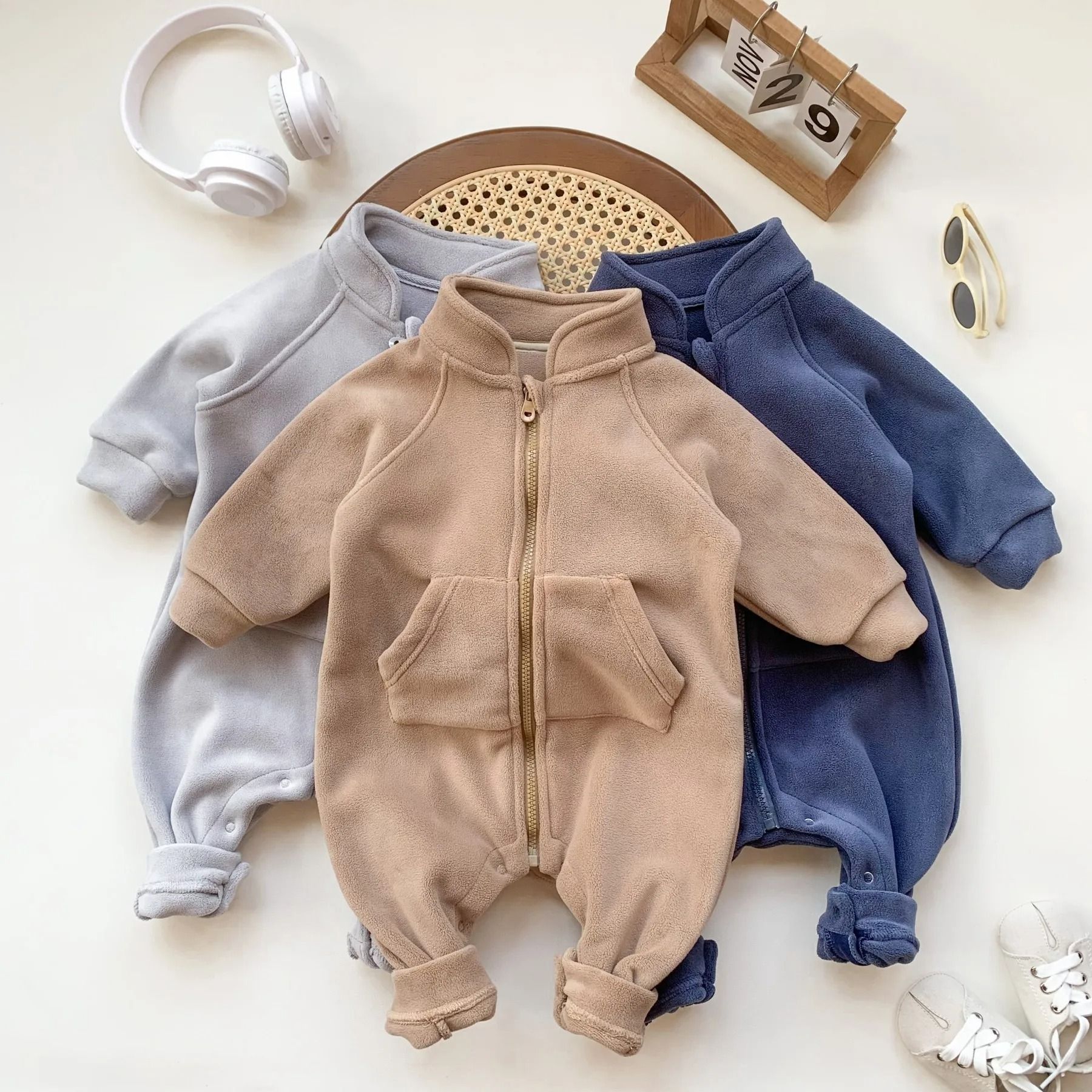 Korean Style Fleece-Lined Newborn Crawling Suit