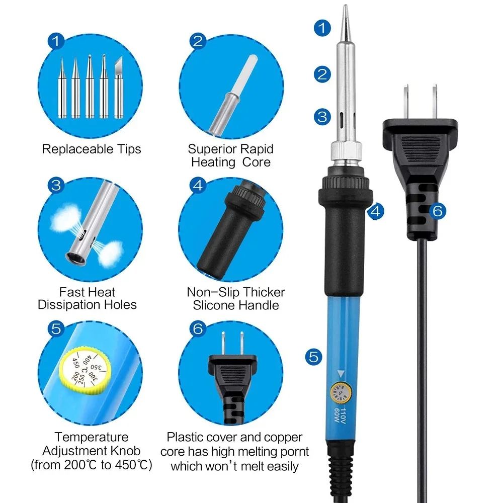 60W Adjustable Temperature Electric Soldering Iron US 110V Welding Iron with Rework Station, Heat Pen Tips for Repairing