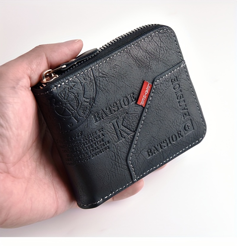 PU Wax Oil Skin Men's Wallet Slim, Durable Card Holder with Zipper Coin Purse