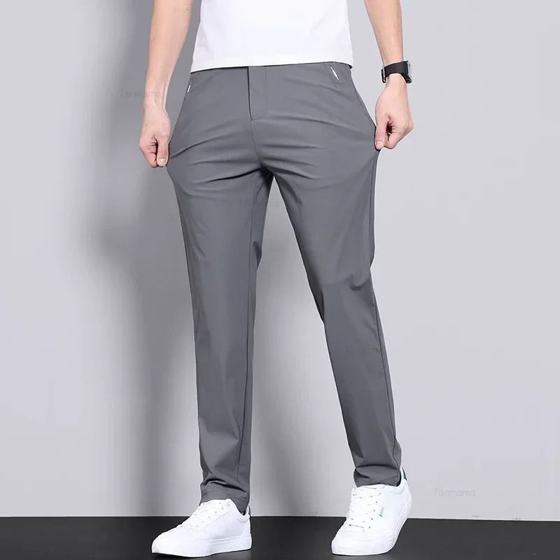 Mens Ultra Thin Quick Dry Elastic Trousers Summer Slim Straight Pants