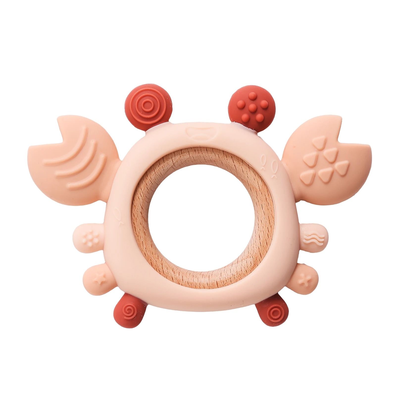 Silicone Crab Baby Teether with Natural Wooden Ring – BPA-Free Molar Toy
