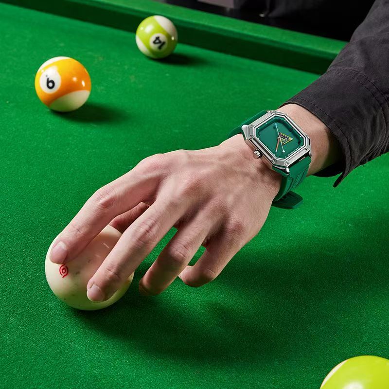 Mens Sport  Watch Waterproof Silicone Strap Green Billiards Dial Wristwatch