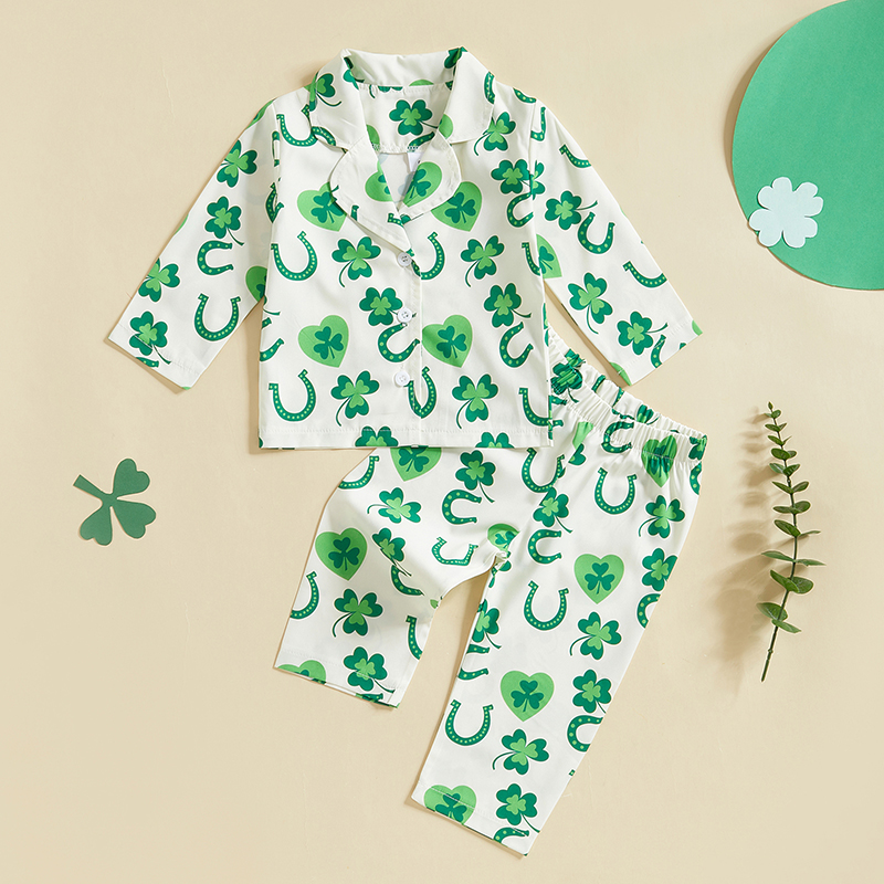 Infant Irish Pajama Set, 2-Piece Long Sleeve Button-Up Top, Pants Sleepwear Outfit for Toddlers & Babies
