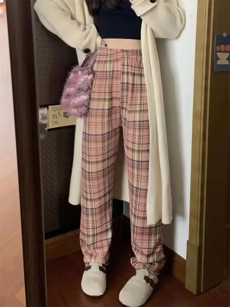 Women's Plush Wide Leg Plaid Pants Warm Cashmere Style Loose Winter Trousers