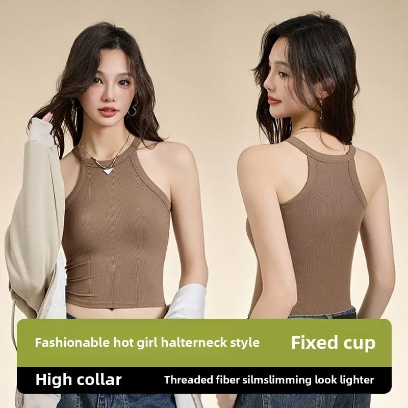 Women Halter Neck Camisole Top with Built-in Bra Slim Fit Sling