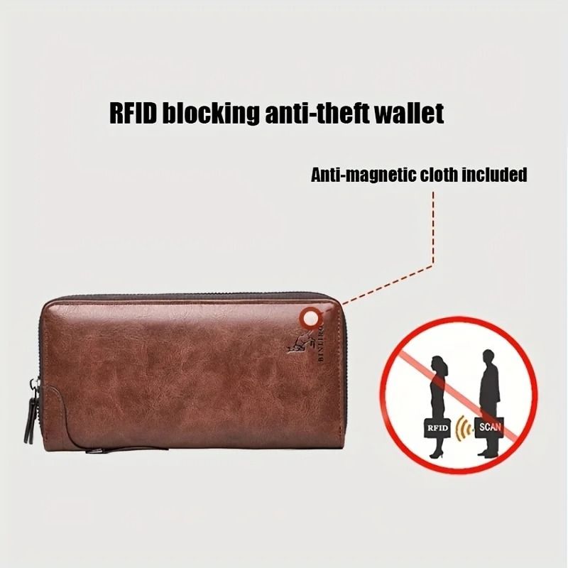 Mens Long Zipper Wallet with RFID Blocking and PU Leather Design