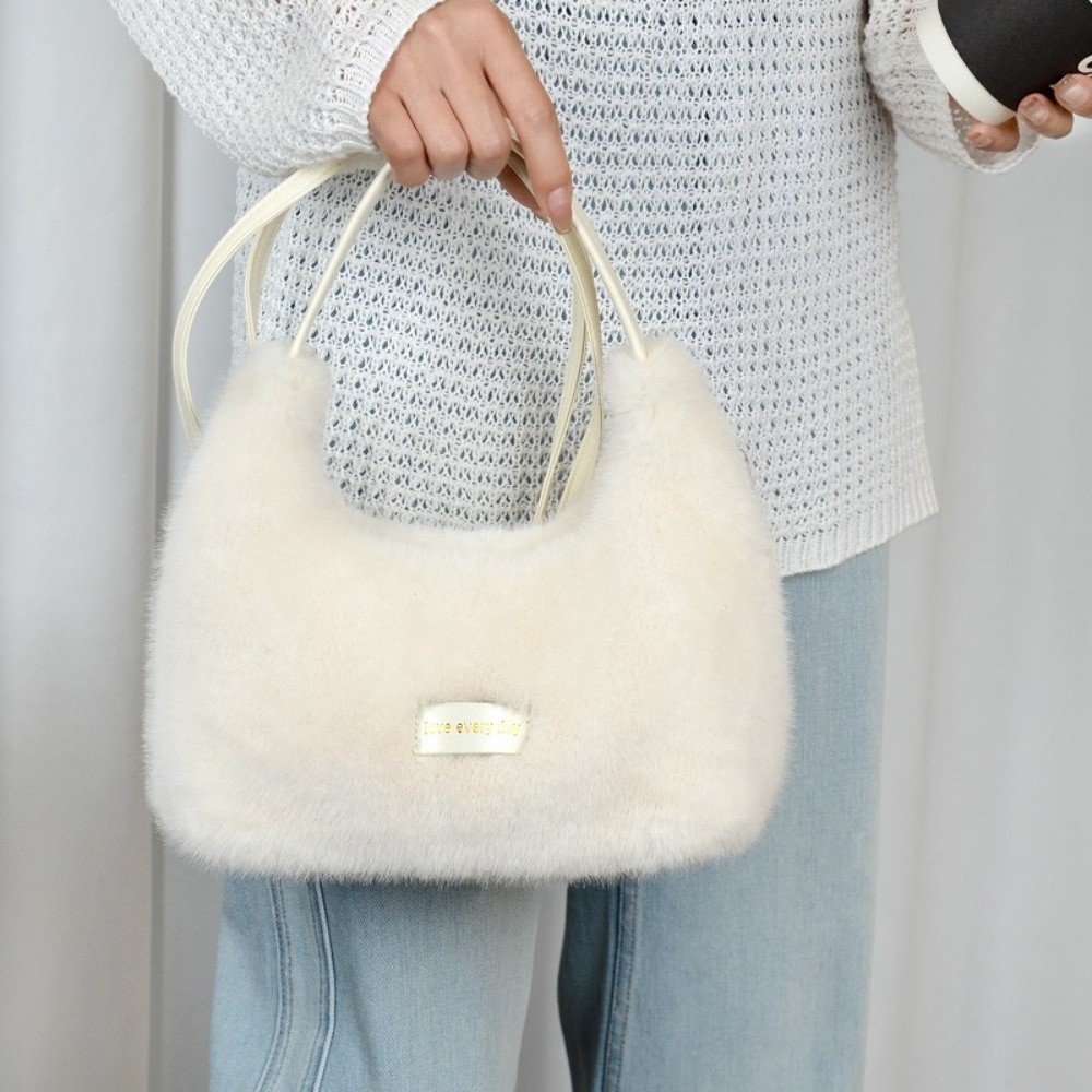 Winter New Luxury Faux Fur Ladies Shoulder Bag, Soft Fluffy Female Crossbody Bag, Solid Color Plush Tote Bag with Large