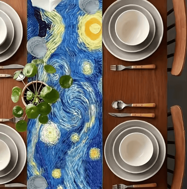 VIKAMA Starry Night Art Table Runner – Van Gogh Inspired Luxury Dining Decor