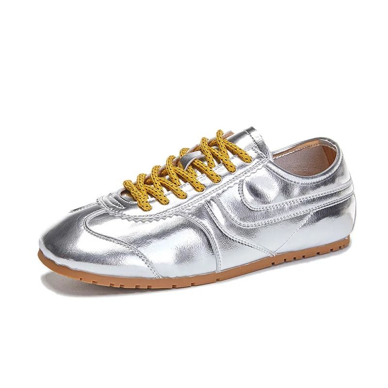 Womens Retro German Training Sneakers Genuine Leather Flat Lace-Up Shoes